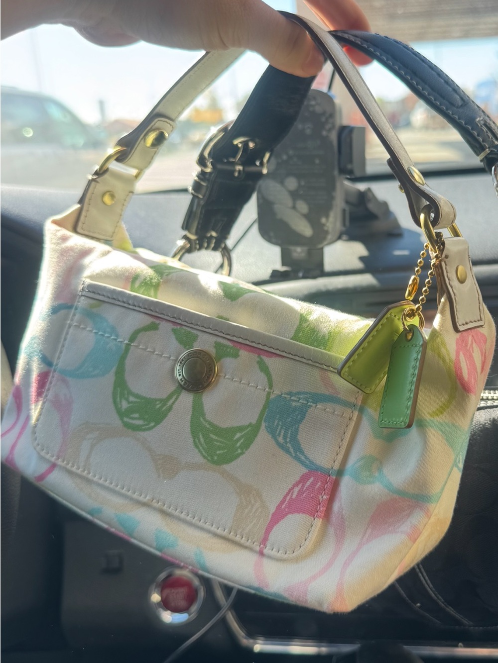 Coach Pastel Multicolor Signature Mini Shoulder Bag with Green Coach Tags